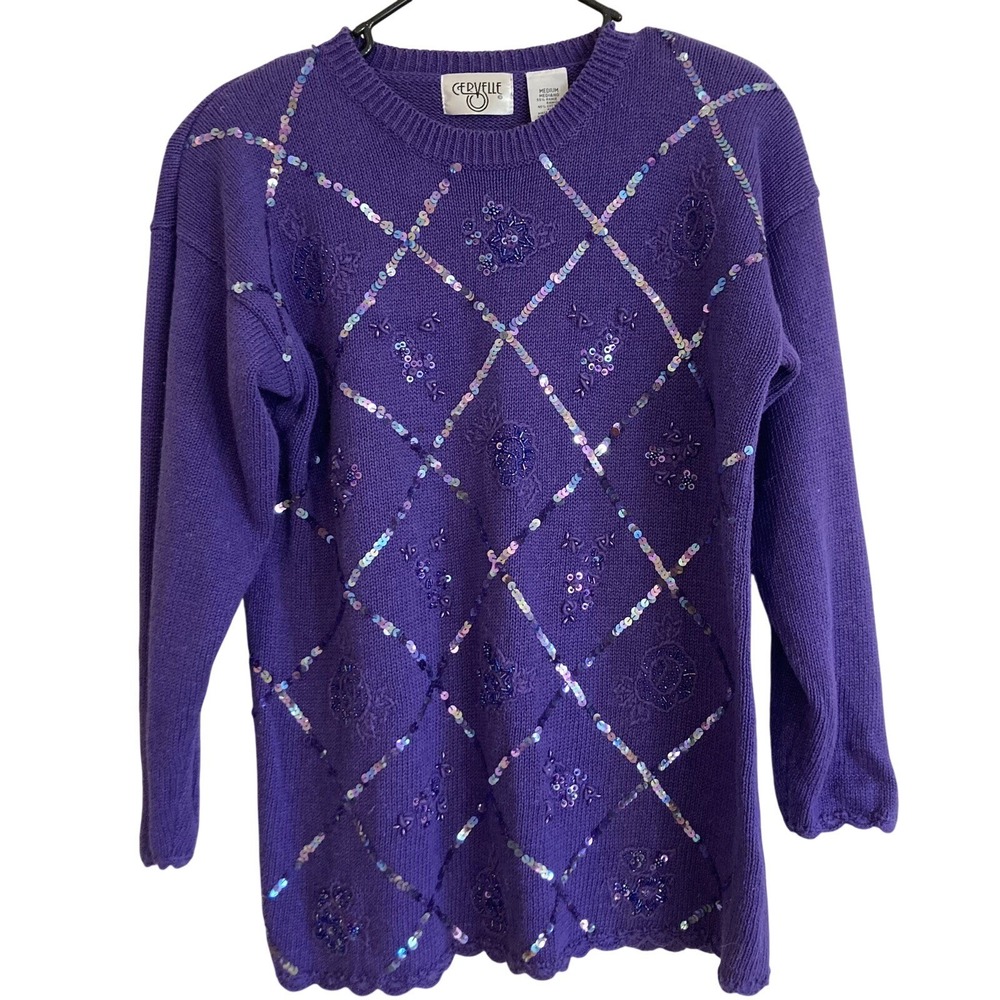 Vtg Cervelle Sweater Sz M Pullover Purple Sequins Beaded Sparkly Embroidered